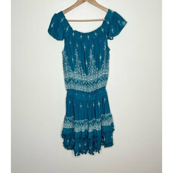 Jaase Womens Mini Dress Medium Teal Blue Tasseled Hem Ruffle Western Bohemian - Picture 8 of 11